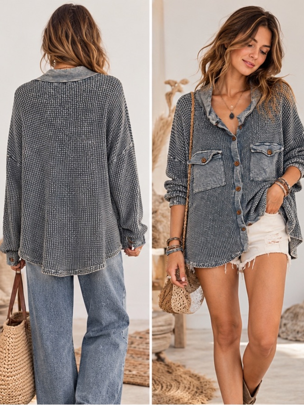 BUCKETLIST Washed Blue Waffle Knit Boho Coastal Casual Button Shacket Large - Picture 7 of 8